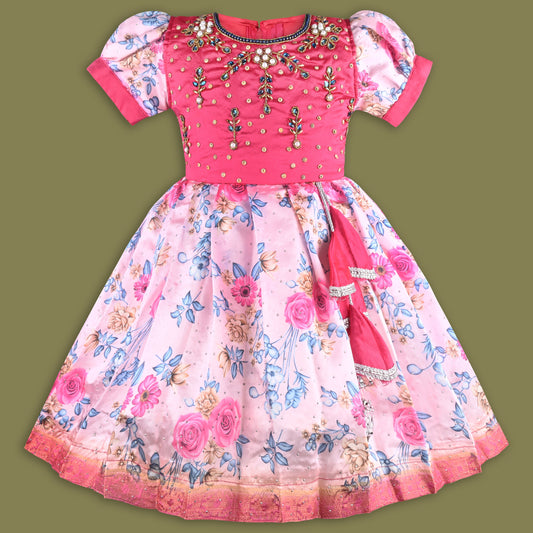 Girls Floral Printed Bead Embellished Ethnic Dress