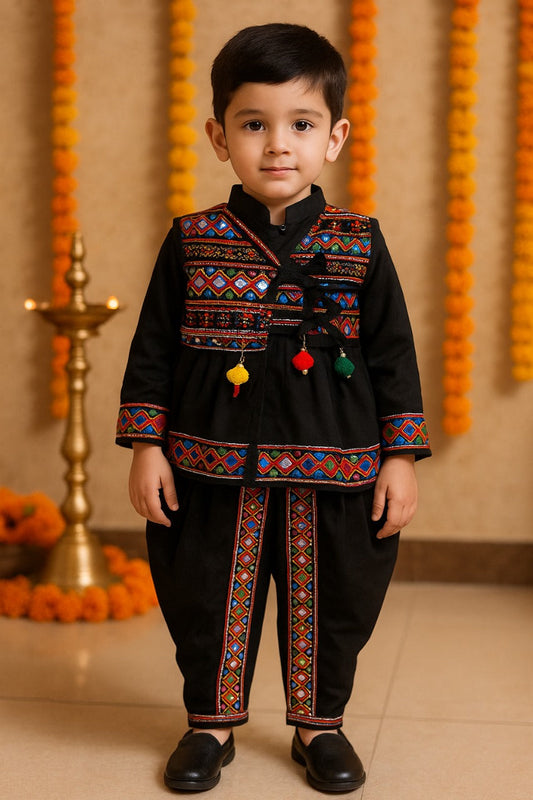 Boys Sleeveless Hand Embroidered Kedia Set BD143blk