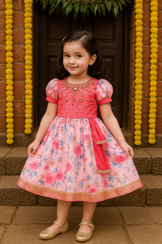 Girls Floral Printed Bead Embellished Ethnic Dress