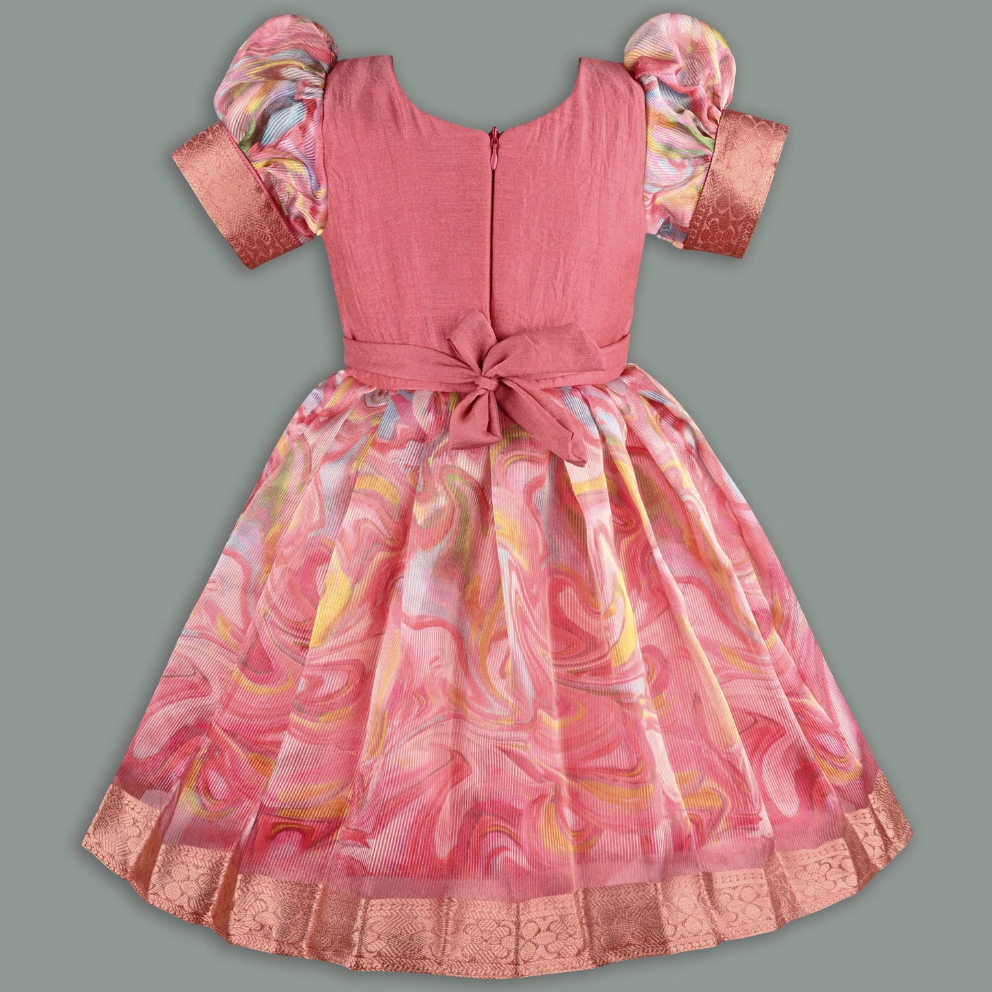 Girls Floral Bead Embellished Puff Sleeve Ethnic Dress -1