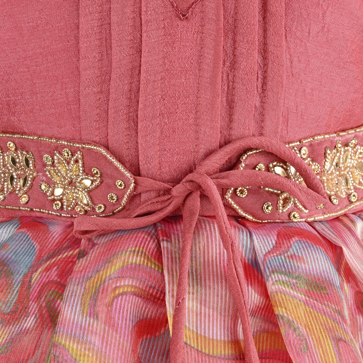 Girls Floral Bead Embellished Puff Sleeve Ethnic Dress -1