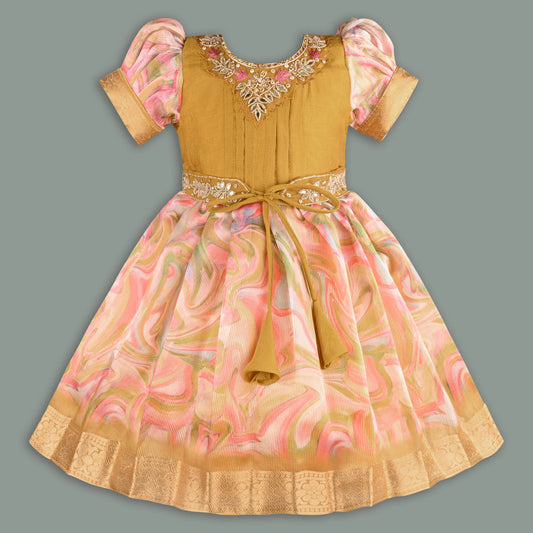 Girls Floral Bead Embellished Puff Sleeve Ethnic Dress -1