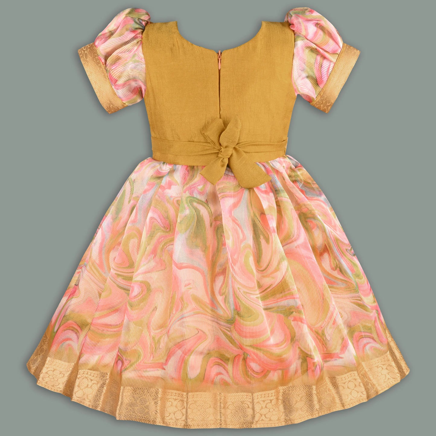 Girls Floral Bead Embellished Puff Sleeve Ethnic Dress -1