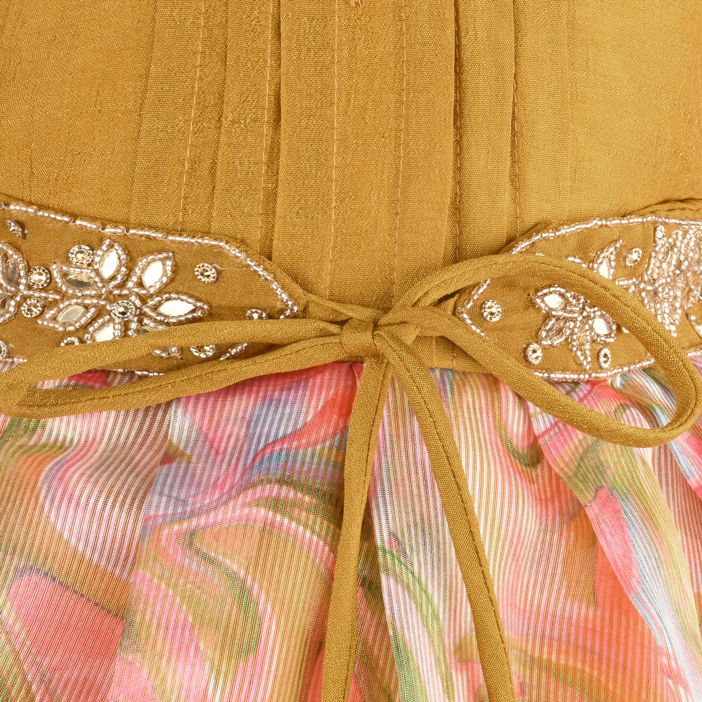 Girls Floral Bead Embellished Puff Sleeve Ethnic Dress -1